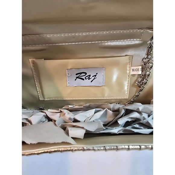 Raj Gold Metallic Pleated Clutch Evening Bag Rhinestone Embellished Chain Strap - Picture 5 of 9